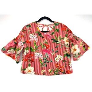 Zara Womens Red Stripe Floral Bell Sleeve Crop Top Sz M Tomato Girl Garden Party